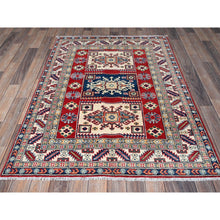 Load image into Gallery viewer, 3&#39;9&quot;x5&#39;3&quot; Crimson Red, Kazak with Geometric Medallions Design, Hand Knotted, Soft and Velvety Wool, Vegetable Dyes, Denser Weave, Oriental Rug FWR2550