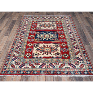 3'9"x5'3" Crimson Red, Kazak with Geometric Medallions Design, Hand Knotted, Soft and Velvety Wool, Vegetable Dyes, Denser Weave, Oriental Rug FWR2550