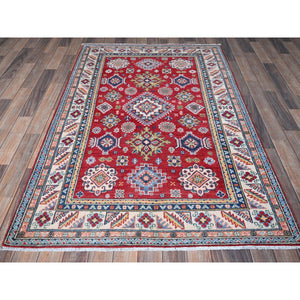 4'x6' Imperial Red, Kazak with Geometric Medallions Design, Soft and Shiny Wool, Hand Knotted, Vegetable Dyes, Denser Weave, Oriental Rug FWR2556