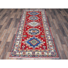 Load image into Gallery viewer, 2&#39;9&quot;x6&#39;6&quot; Arsenal Red, Kazak With Geometric Medallions Design, Soft And Vibrant Wool, Hand Knotted, Vegetable Dyes, Denser Weave, Runner, Oriental Rug FWR2592