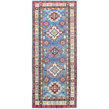 Load image into Gallery viewer, 2&#39;6&quot;x6&#39;2&quot; Carolina Blue, Kazak with Geometric Medallions Design, Hand Knotted, Soft and Shiny Wool, Vegetable Dyes, Denser Weave, Runner, Oriental Rug Sh435 FWR2610