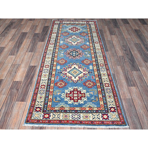 2'6"x6'2" Carolina Blue, Kazak with Geometric Medallions Design, Hand Knotted, Soft and Shiny Wool, Vegetable Dyes, Denser Weave, Runner, Oriental Rug Sh435 FWR2610