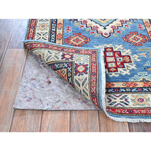 2'6"x6'2" Carolina Blue, Kazak with Geometric Medallions Design, Hand Knotted, Soft and Shiny Wool, Vegetable Dyes, Denser Weave, Runner, Oriental Rug Sh435 FWR2610