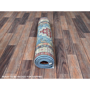 2'6"x6'2" Carolina Blue, Kazak with Geometric Medallions Design, Hand Knotted, Soft and Shiny Wool, Vegetable Dyes, Denser Weave, Runner, Oriental Rug Sh435 FWR2610