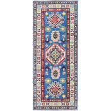 Load image into Gallery viewer, 2&#39;7&quot;x6&#39;7&quot; Imperial Blue, Kazak with Tribal Design, Hand Knotted, Soft and Shiny Wool, Vegetable Dyes, Denser Weave, Runner, Oriental Rug Sh437 FWR2622
