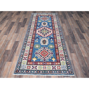 2'7"x6'7" Imperial Blue, Kazak with Tribal Design, Hand Knotted, Soft and Shiny Wool, Vegetable Dyes, Denser Weave, Runner, Oriental Rug Sh437 FWR2622