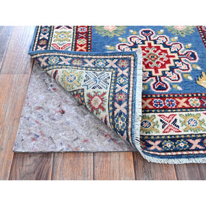 2'7"x6'7" Imperial Blue, Kazak with Tribal Design, Hand Knotted, Soft and Shiny Wool, Vegetable Dyes, Denser Weave, Runner, Oriental Rug Sh437 FWR2622
