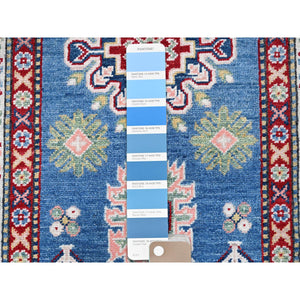 2'7"x6'7" Imperial Blue, Kazak with Tribal Design, Hand Knotted, Soft and Shiny Wool, Vegetable Dyes, Denser Weave, Runner, Oriental Rug Sh437 FWR2622