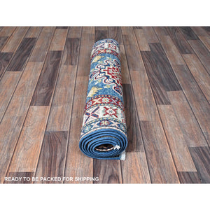 2'7"x6'7" Imperial Blue, Kazak with Tribal Design, Hand Knotted, Soft and Shiny Wool, Vegetable Dyes, Denser Weave, Runner, Oriental Rug Sh437 FWR2622