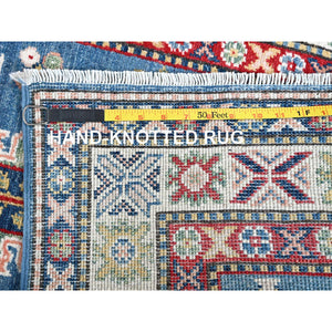 2'7"x6'7" Imperial Blue, Kazak with Tribal Design, Hand Knotted, Soft and Shiny Wool, Vegetable Dyes, Denser Weave, Runner, Oriental Rug Sh437 FWR2622