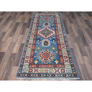 2'7"x6'4" Carolina Blue, Kazak with Tribal Medallion Design, Soft and Shiny Wool, Hand Knotted, Vegetable Dyes, Denser Weave, Runner, Oriental Rug Sh438 FWR2628