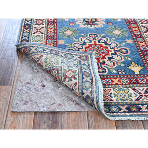 2'7"x6'4" Carolina Blue, Kazak with Tribal Medallion Design, Soft and Shiny Wool, Hand Knotted, Vegetable Dyes, Denser Weave, Runner, Oriental Rug Sh438 FWR2628