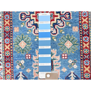 2'7"x6'4" Carolina Blue, Kazak with Tribal Medallion Design, Soft and Shiny Wool, Hand Knotted, Vegetable Dyes, Denser Weave, Runner, Oriental Rug Sh438 FWR2628
