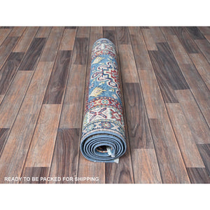 2'7"x6'4" Carolina Blue, Kazak with Tribal Medallion Design, Soft and Shiny Wool, Hand Knotted, Vegetable Dyes, Denser Weave, Runner, Oriental Rug Sh438 FWR2628