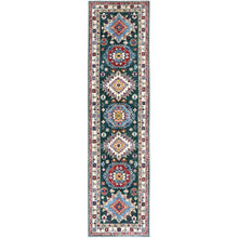 Load image into Gallery viewer, 2&#39;6&quot;x9&#39;9&quot; Bistro Green, Kazak with Geometric Medallions Design, Soft and Velvety Wool, Hand Knotted, Vegetable Dyes, Denser Weave, Runner, Oriental Rug Sh439 FWR2634