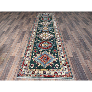 2'6"x9'9" Bistro Green, Kazak with Geometric Medallions Design, Soft and Velvety Wool, Hand Knotted, Vegetable Dyes, Denser Weave, Runner, Oriental Rug Sh439 FWR2634