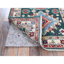 Load image into Gallery viewer, 2&#39;6&quot;x9&#39;9&quot; Bistro Green, Kazak With Geometric Medallions Design, Soft And Velvety Wool, Hand Knotted, Vegetable Dyes, Denser Weave, Runner, Oriental Rug FWR2634