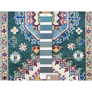2'6"x9'9" Bistro Green, Kazak with Geometric Medallions Design, Soft and Velvety Wool, Hand Knotted, Vegetable Dyes, Denser Weave, Runner, Oriental Rug Sh439 FWR2634