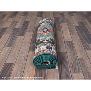 2'6"x9'9" Bistro Green, Kazak with Geometric Medallions Design, Soft and Velvety Wool, Hand Knotted, Vegetable Dyes, Denser Weave, Runner, Oriental Rug Sh439 FWR2634
