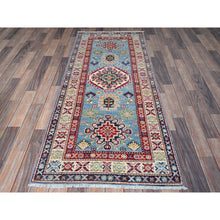 Load image into Gallery viewer, 2&#39;8&quot;x6&#39;6&quot; Ruddy Blue, Kazak with Tribal Design, Soft and Shiny Wool, Vegetable Dyes, Hand Knotted, Denser Weave, Runner, Oriental Rug Sh440 FWR2640