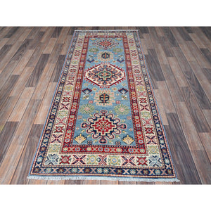 2'8"x6'6" Ruddy Blue, Kazak with Tribal Design, Soft and Shiny Wool, Vegetable Dyes, Hand Knotted, Denser Weave, Runner, Oriental Rug Sh440 FWR2640