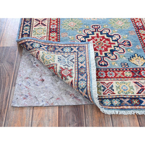 2'8"x6'6" Ruddy Blue, Kazak with Tribal Design, Soft and Shiny Wool, Vegetable Dyes, Hand Knotted, Denser Weave, Runner, Oriental Rug Sh440 FWR2640
