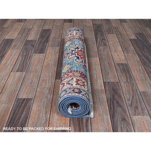 2'8"x6'6" Ruddy Blue, Kazak with Tribal Design, Soft and Shiny Wool, Vegetable Dyes, Hand Knotted, Denser Weave, Runner, Oriental Rug Sh440 FWR2640