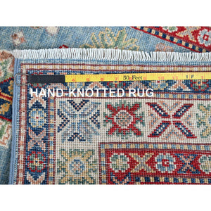 2'8"x6'6" Ruddy Blue, Kazak with Tribal Design, Soft and Shiny Wool, Vegetable Dyes, Hand Knotted, Denser Weave, Runner, Oriental Rug Sh440 FWR2640