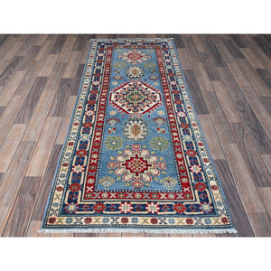 2'7"x6'7" Carolina Blue, Kazak with Tribal Medallion Design, Soft and Shiny Wool, Hand Knotted, Vegetable Dyes, Denser Weave, Runner, Oriental Rug Sh442 FWR2652