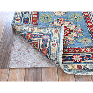 2'7"x6'7" Carolina Blue, Kazak with Tribal Medallion Design, Soft and Shiny Wool, Hand Knotted, Vegetable Dyes, Denser Weave, Runner, Oriental Rug Sh442 FWR2652