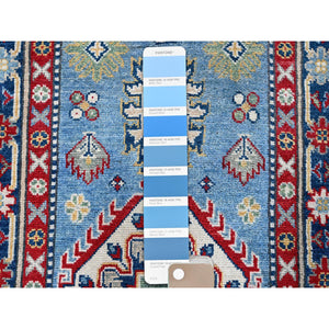 2'7"x6'7" Carolina Blue, Kazak with Tribal Medallion Design, Soft and Shiny Wool, Hand Knotted, Vegetable Dyes, Denser Weave, Runner, Oriental Rug Sh442 FWR2652