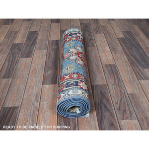 2'7"x6'7" Carolina Blue, Kazak with Tribal Medallion Design, Soft and Shiny Wool, Hand Knotted, Vegetable Dyes, Denser Weave, Runner, Oriental Rug Sh442 FWR2652