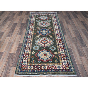 2'8"x6'5" Seaweed Green, Kazak With Geometric Medallions Design, Soft And Vibrant Wool, Hand Knotted, Vegetable Dyes, Denser Weave, Runner, Oriental Rug FWR2670