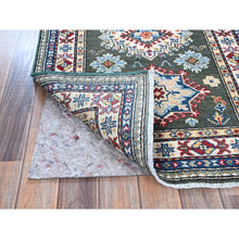 Load image into Gallery viewer, 2&#39;8&quot;x6&#39;5&quot; Seaweed Green, Kazak With Geometric Medallions Design, Soft And Vibrant Wool, Hand Knotted, Vegetable Dyes, Denser Weave, Runner, Oriental Rug FWR2670