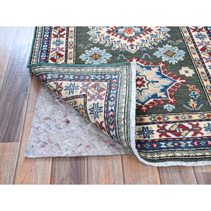 2'8"x6'5" Seaweed Green, Kazak With Geometric Medallions Design, Soft And Vibrant Wool, Hand Knotted, Vegetable Dyes, Denser Weave, Runner, Oriental Rug FWR2670