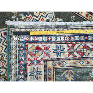 2'8"x6'5" Seaweed Green, Kazak With Geometric Medallions Design, Soft And Vibrant Wool, Hand Knotted, Vegetable Dyes, Denser Weave, Runner, Oriental Rug FWR2670