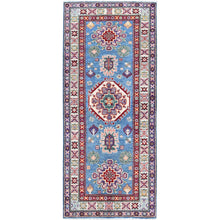 Load image into Gallery viewer, 2&#39;8&quot;x6&#39;4&quot; Maya Blue, Kazak with Tribal Medallion Design, Soft and Shiny Wool, Hand Knotted, Vegetable Dyes, Denser Weave, Runner, Oriental Rug Sh446 FWR2676
