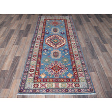 Load image into Gallery viewer, 2&#39;8&quot;x6&#39;4&quot; Maya Blue, Kazak with Tribal Medallion Design, Soft and Shiny Wool, Hand Knotted, Vegetable Dyes, Denser Weave, Runner, Oriental Rug Sh446 FWR2676