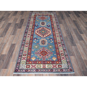 2'8"x6'4" Maya Blue, Kazak with Tribal Medallion Design, Soft and Shiny Wool, Hand Knotted, Vegetable Dyes, Denser Weave, Runner, Oriental Rug Sh446 FWR2676