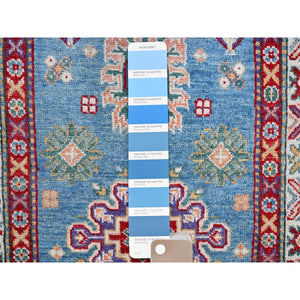 2'8"x6'4" Maya Blue, Kazak with Tribal Medallion Design, Soft and Shiny Wool, Hand Knotted, Vegetable Dyes, Denser Weave, Runner, Oriental Rug Sh446 FWR2676