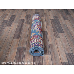 2'8"x6'4" Maya Blue, Kazak with Tribal Medallion Design, Soft and Shiny Wool, Hand Knotted, Vegetable Dyes, Denser Weave, Runner, Oriental Rug Sh446 FWR2676
