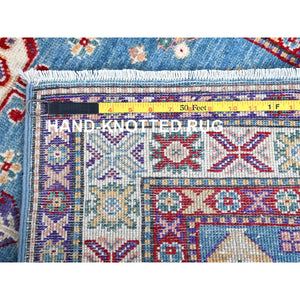 2'8"x6'4" Maya Blue, Kazak with Tribal Medallion Design, Soft and Shiny Wool, Hand Knotted, Vegetable Dyes, Denser Weave, Runner, Oriental Rug Sh446 FWR2676