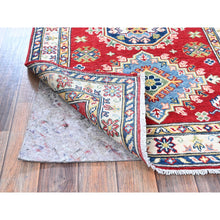 Load image into Gallery viewer, 2&#39;9&quot;x6&#39;6&quot; Arsenal Red, Kazak With Geometric Medallions Design, Soft And Shiny Wool, Hand Knotted, Vegetable Dyes, Denser Weave, Runner, Oriental Rug FWR2688