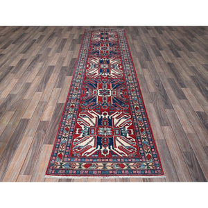 2'9"x9'10" Crimson Red, Eagle Kazak with Tribal Medallions Design, Hand Knotted, Soft and Velvety Wool, Vegetable Dyes, Denser Weave, Runner, Oriental Rug Sh453 FWR2718