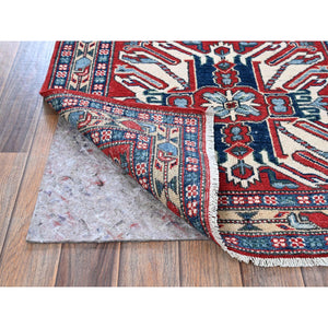 2'9"x9'10" Crimson Red, Eagle Kazak with Tribal Medallions Design, Hand Knotted, Soft and Velvety Wool, Vegetable Dyes, Denser Weave, Runner, Oriental Rug Sh453 FWR2718