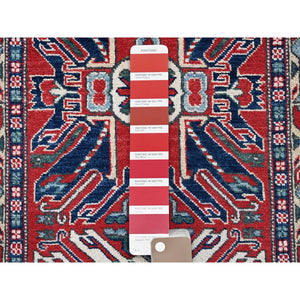 2'9"x9'10" Crimson Red, Eagle Kazak with Tribal Medallions Design, Hand Knotted, Soft and Velvety Wool, Vegetable Dyes, Denser Weave, Runner, Oriental Rug Sh453 FWR2718