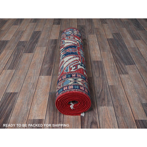 2'9"x9'10" Crimson Red, Eagle Kazak with Tribal Medallions Design, Hand Knotted, Soft and Velvety Wool, Vegetable Dyes, Denser Weave, Runner, Oriental Rug Sh453 FWR2718