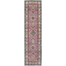 Load image into Gallery viewer, 2&#39;7&quot;x10&#39;1&quot; Neon Pink, Kazak with Tribal Medallions Design, Hand Knotted, Soft and Vibrant Wool, Vegetable Dyes, Denser Weave, Runner, Oriental Rug Sh455 FWR2730