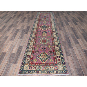 2'7"x10'1" Neon Pink, Kazak with Tribal Medallions Design, Hand Knotted, Soft and Vibrant Wool, Vegetable Dyes, Denser Weave, Runner, Oriental Rug Sh455 FWR2730
