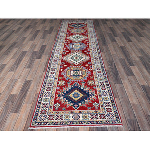 2'9"x9'8" Berry Red, Kazak with Geometric Medallions Design, Soft and Shiny Wool, Hand Knotted, Vegetable Dyes, Denser Weave, Runner, Oriental Rug Sh456 FWR2736